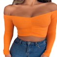 thumbnail image 2 of Women Off Shoulder Crop Top Long Sleeve Ribbed Knit Stretchy Blouse Top Vest, 2 of 6