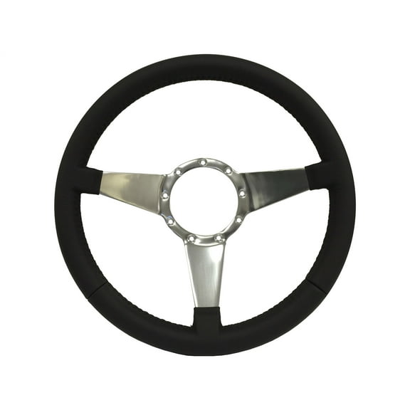 VSW 14 inch Black Leather Steering Wheels; 9-Bolt Billet Aluminum Solid 3-Spoke Design, 2 inch Dish, ST3087