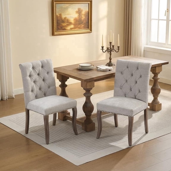 Tufted Nailhead Trim Dining Chairs - Set of 2 Elegant Upholstered Parsons Chairs with Wood Legs in Beige