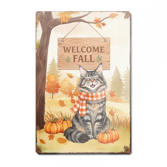 Welcome Fall Maine Coon Cozy Autumn Field Pumpkins Golden Leaves Vertical Metal Aluminum Sign Cat Lover Kitten Owner Gifts Wall Art Home Decor - 12013