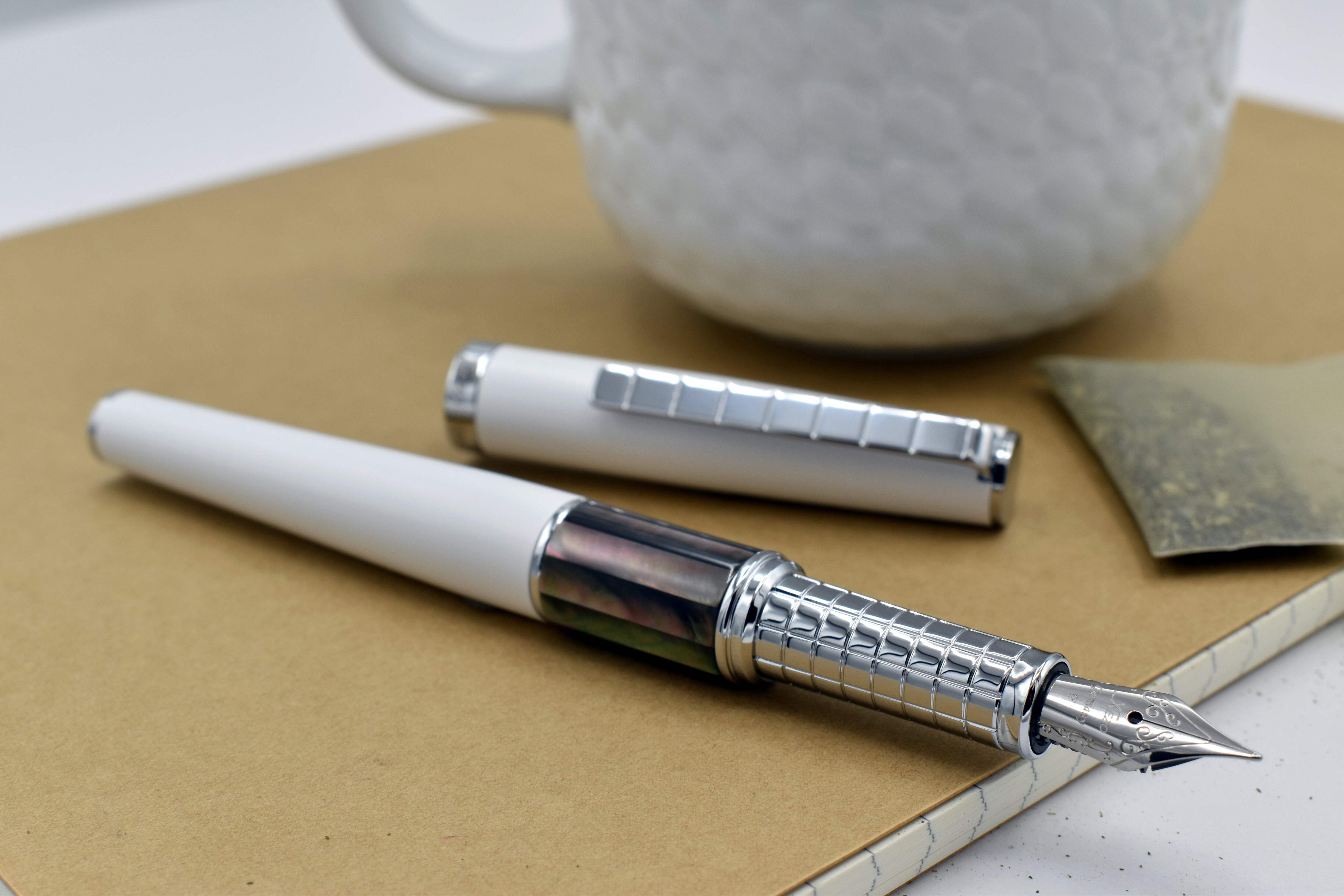 Xezo Speedmaster® White Brass Fountain Pen (Fine Nib) - With Tahitian Black Mother of Pearl