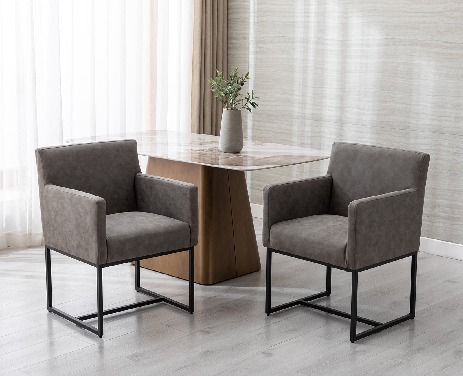 Guyou Modern Faux Leather Upholstered Dining Chairs Set of 2, Kitchen Chairs with Arm and Black Finish Metal Frame, Accent Armchair with back for Living Room Dining Room Bedroom Reception Room, Gray