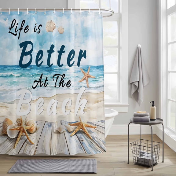 Bathroom Shower Curtain Summer Shell Starfish Ocean Waves Waterproof Shower Curtains with Hooks, Coastal Beach Bath Curtains Bathtub Curtain Home Decor 36x72in