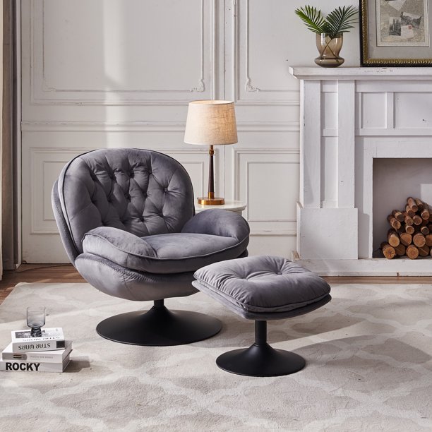 Velvet Swivel Chair with Ottoman, Upholstery Lounge Sofa Chair with