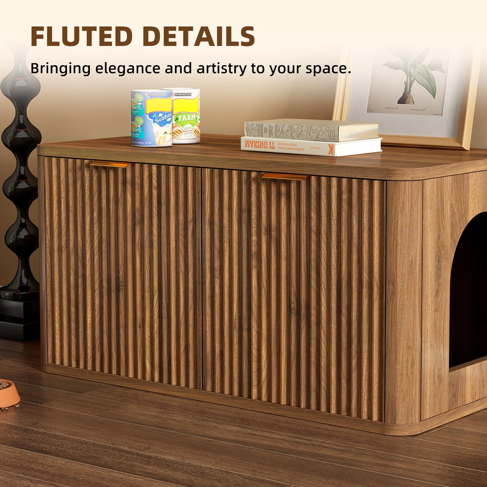 31.5" Walnut Cat Litter Box Enclosure, Mid Century Modern Fluted Hidden Litter Box Cabinet, Decorative Kitty End Table for Living Room, Bedroom and Entryway