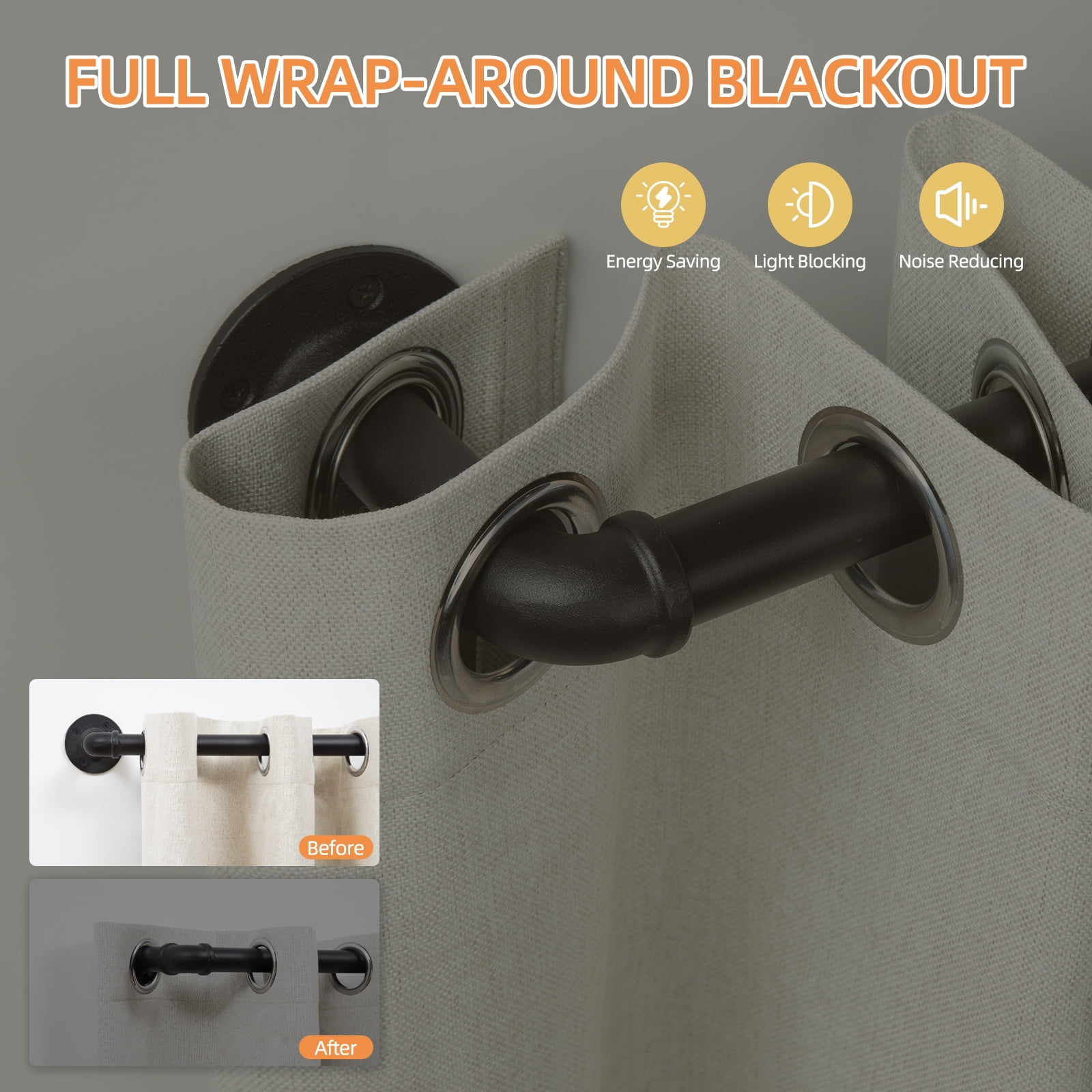 Black Industrial Curtain Rod,1" Diameter Durable Adjustable Curtain Rods for Blackout,Heavy Duty and Outdoor Curtains,48"-86"