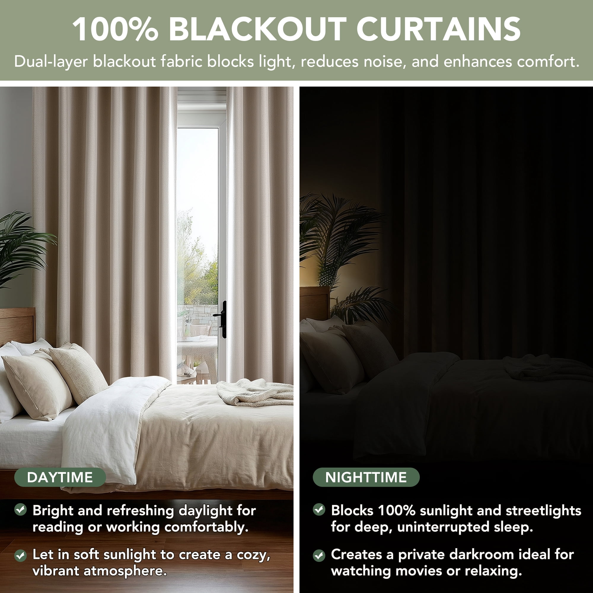 Deconovo Faux Linen 100% Blackout Curtain Panels, Thermal Insulated Back Tab, 2 Pack, Natural Linen, 52" x 84"