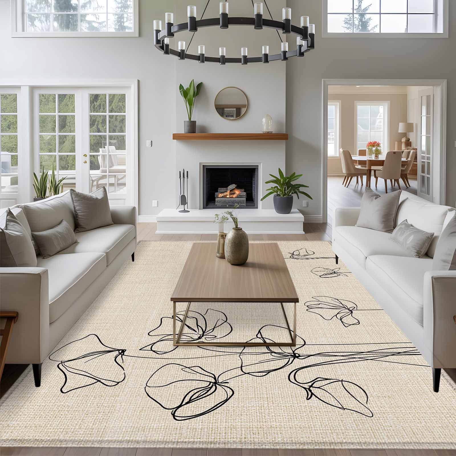 Rectangle Area Rugs 6 x 9 Ft, Retro Beige Flowers Non-Slip Residential Carpet, Rustic Abstract Floral Simple Art Indoor Crawling Mats Runner Rugs for Living Room/Dining Room/Bedroom