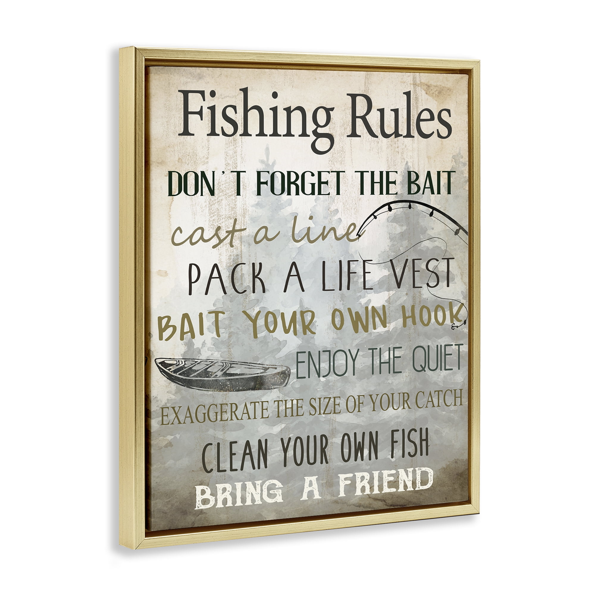Stupell Industries Fishing Rules List Nautical & Beach Painting Gold Floater Framed Canvas Art Print Wall Art, 17 x 21