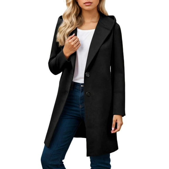 Wuxian Womens Classic Coat Hooded Long Sleeve Wool Trench Coat Windproof Plus Size Casual Winter Warm Long Overcoat Loose Fit Solid Color Long Length Outerwear Jacket,Black,L