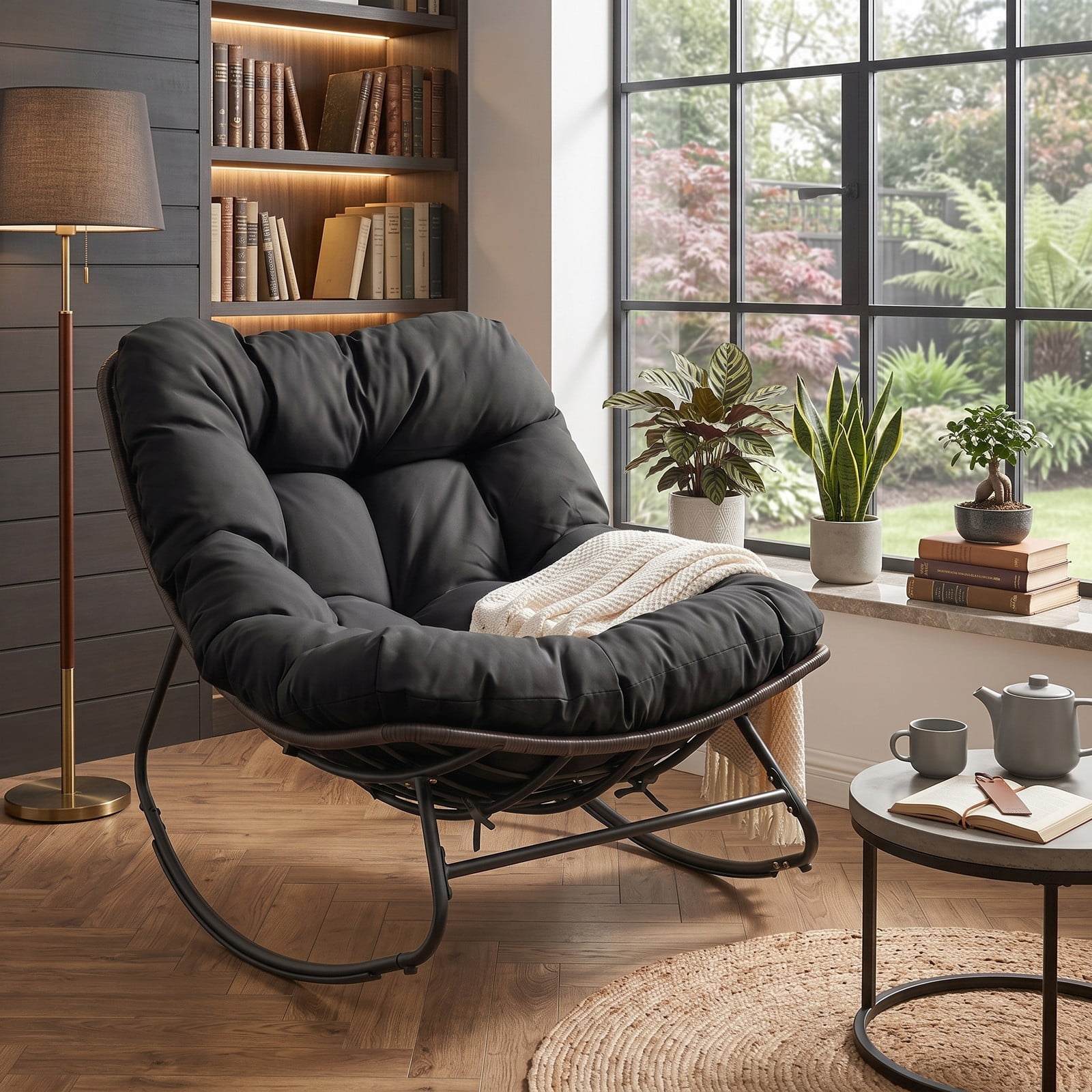 Furnibear Outdoor Papasan Rocking Chair, Egg-Shaped PE Rattan Wicker Glider Rocker with Thick Removable Cushion and Non-Slip Pads for Patio Porch Backyard, 400, Black