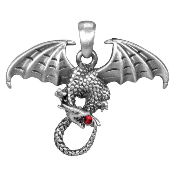 Silver Colored Winged Dragon Orochi with Red Stone in Mouth Pendant