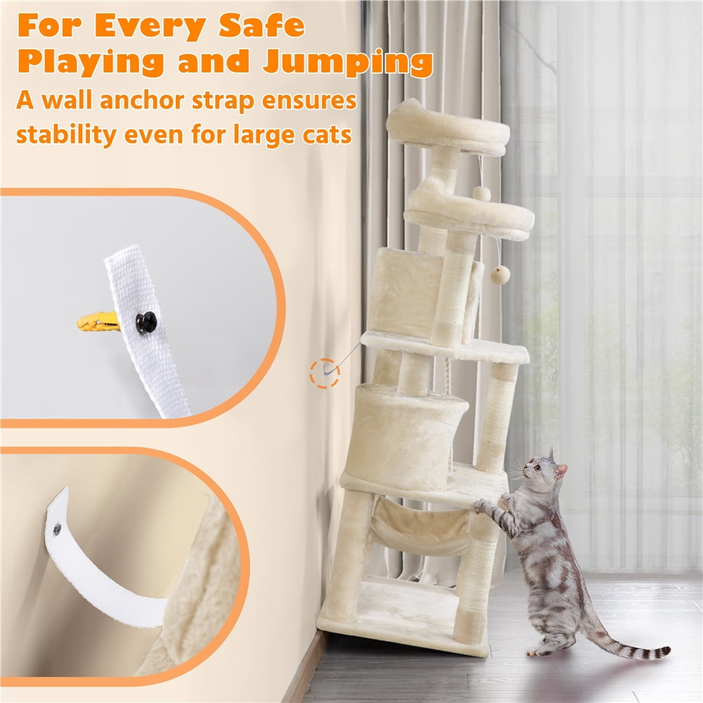 Yaheetech 62" H Multi Level Cat Tree Tower with 2 Condos & Scratching Post, Beige