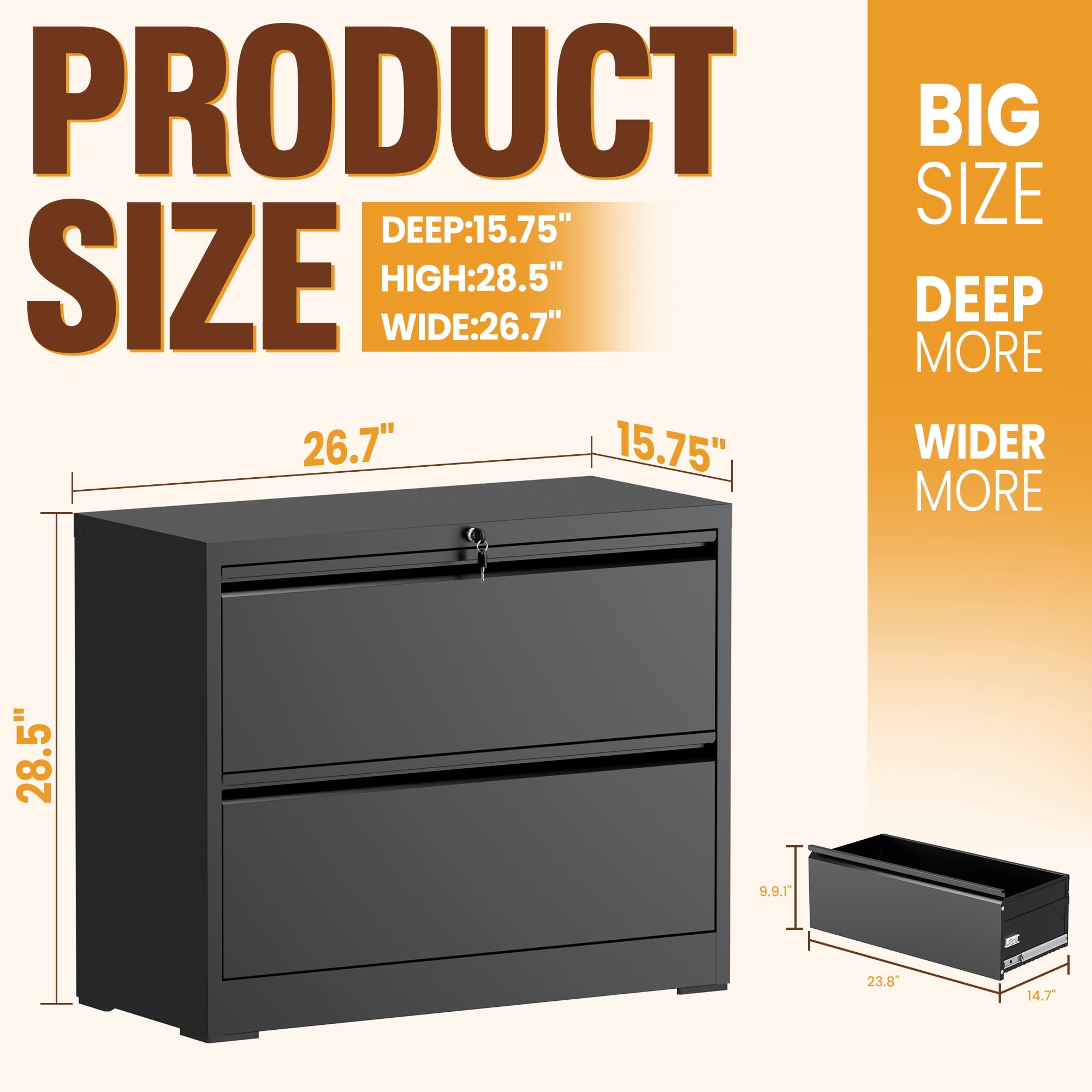 Lateral File Cabinet with Lock, 2 Drawer Metal Filing Cabinet, File Cabinet Organizer for Home Office, Easy Assembly, Lockingl File Cabinets for Legal/Letter/A4, 15.75"D x 26.76"W x 28.5"H,Black