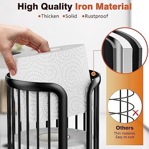 Freestanding Toilet Paper Holder Stand with Storage, Modern Black Bathroom Tissue Organizer for Mega Rolls, Minimalist Design Space-Saving Solution