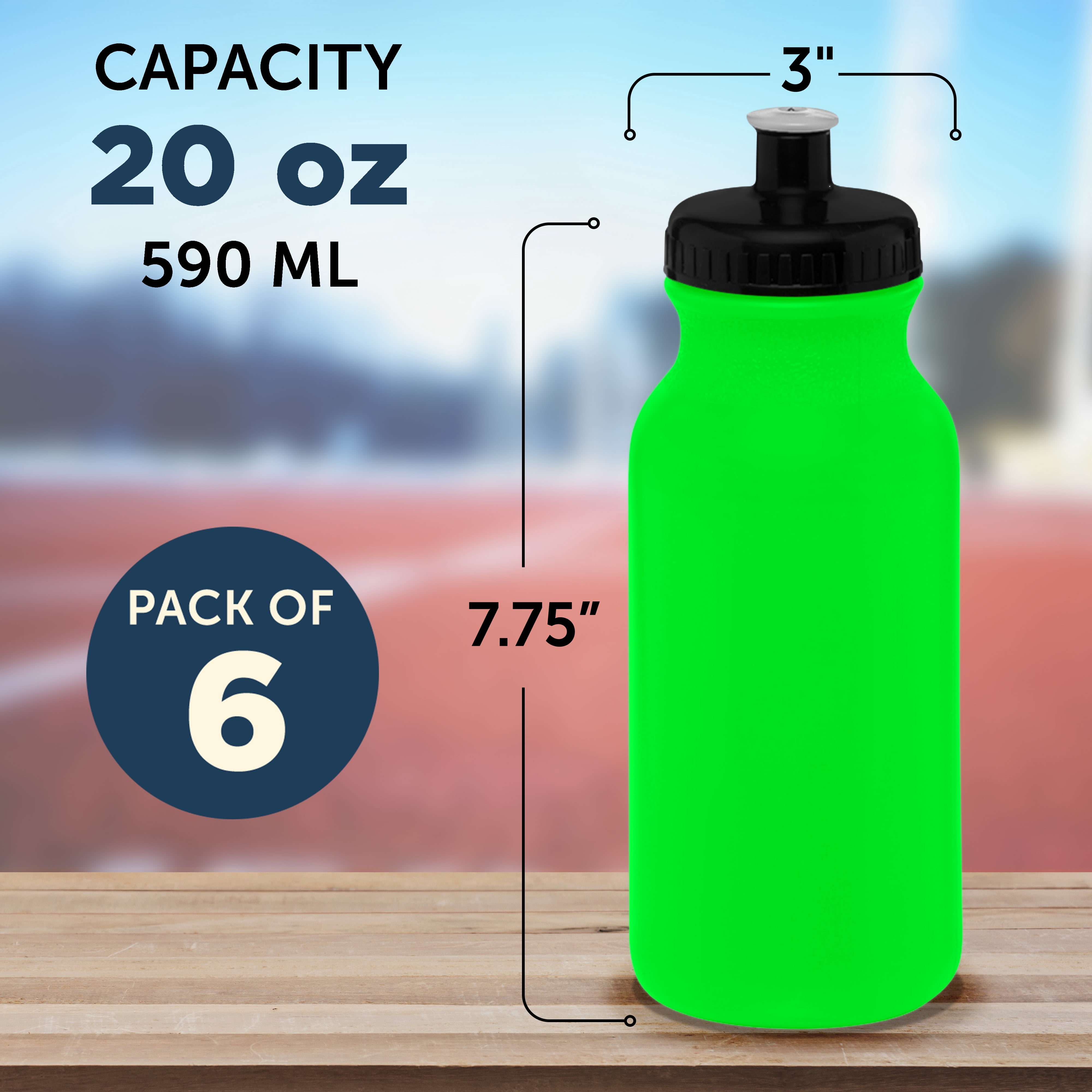 Water Bottle with Push Cap 20 oz. Set of 6, Bulk Pack - Reusable, Leak Proof, Perfect for Gym, Hiking, Camping, Outdoor Sports - Neon Green