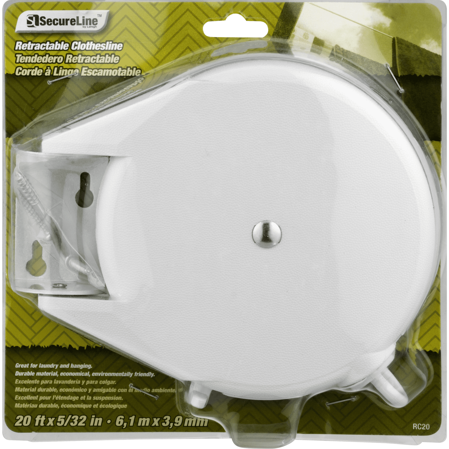 SecureLine 20 Foot Retractable Clothes Line. Made of Durable White Plastic.