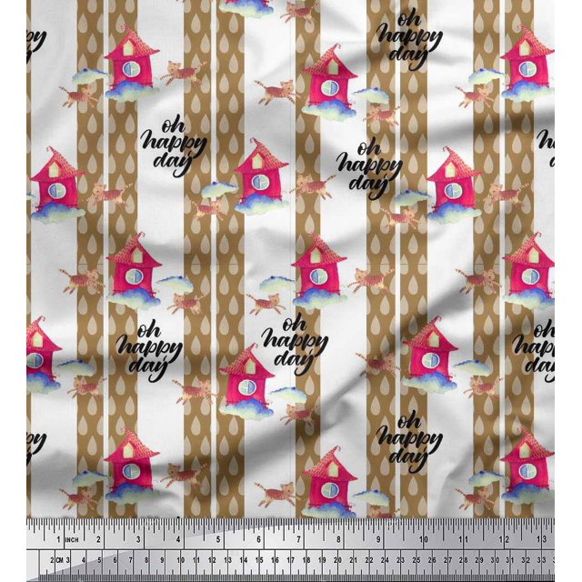 Soimoi Tissu Georgette Viscose Rayé, Imprimé Animal Cabane & Chat au Mètre 42 Pouces de Large