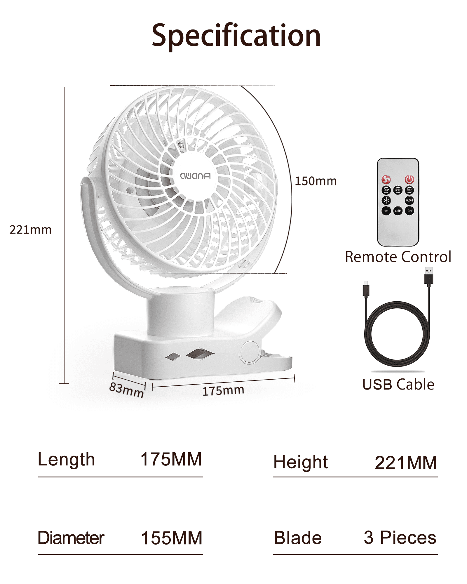 Portable Clip on Fan 10000mAh Battery Operated, Desk Fan USB Rechargeable 360°Oscillating Fans with Remote and Light, Personal Fan for Dorm Room Home Office Travel (White)