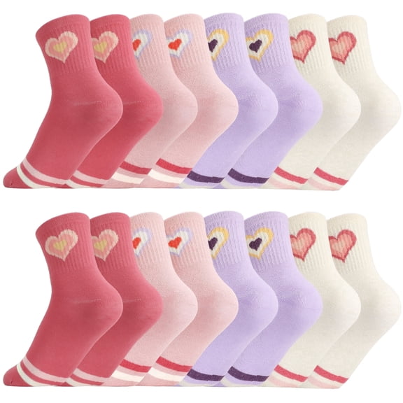 Bocaoying 8 Pairs Girl Crew Athletic Socks, Cotton Socks with Multicolor Hearts Cartoon Patterns for Kids Running Sport Indoor Outdoor, Aged 3-12