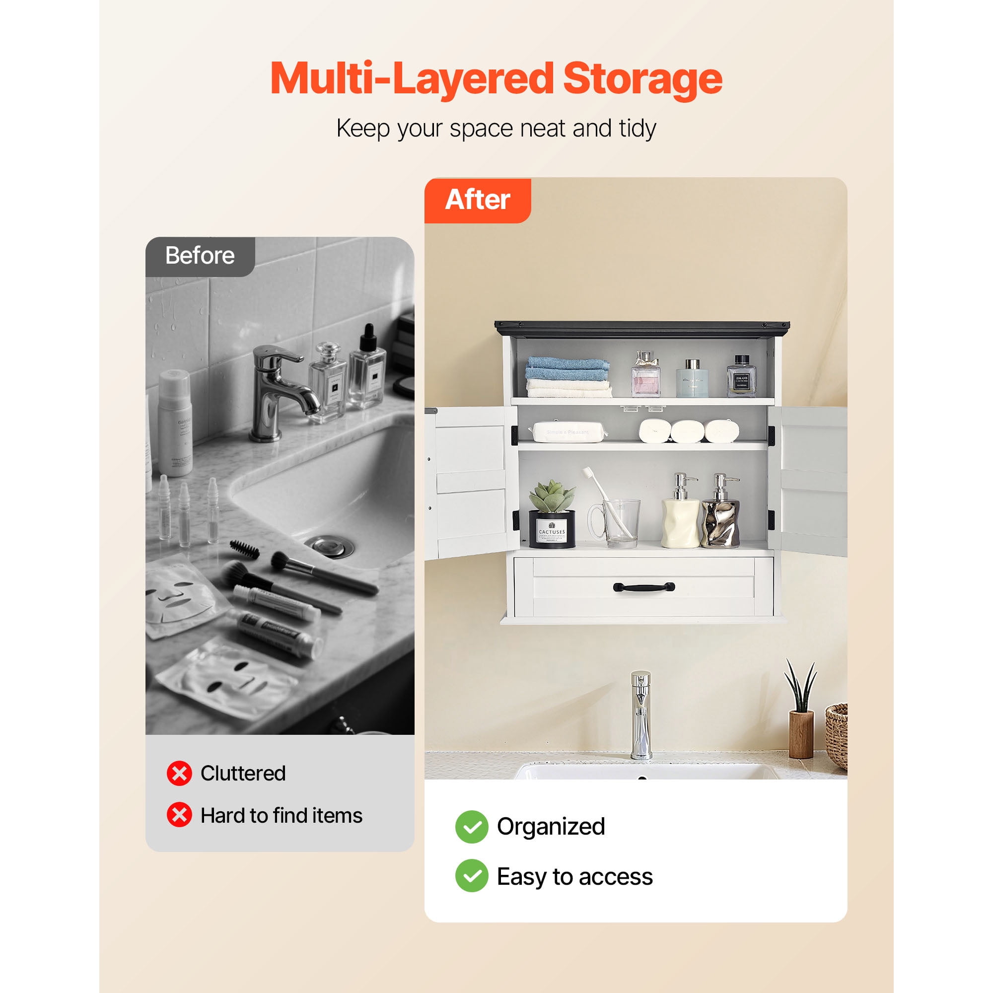 KFFKFF Bathroom Wall Cabinet with Adjustable Shelf, Over-the-Toilet Storage, Wall-Mounted Organizer with Drawer and Open Partition for Kitchen, Laundry Room, or Restroom, White