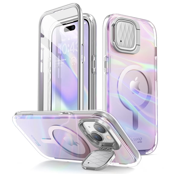 i-Blason Cosmo Mag for iPhone 15 Case/iPhone 14/13 Case [6.1 inch] with Camera Cover Stand, [MagSafe Compatible] Slim Stylish Full-Body Protective Case with Built-in Screen Protector (PinkWave)