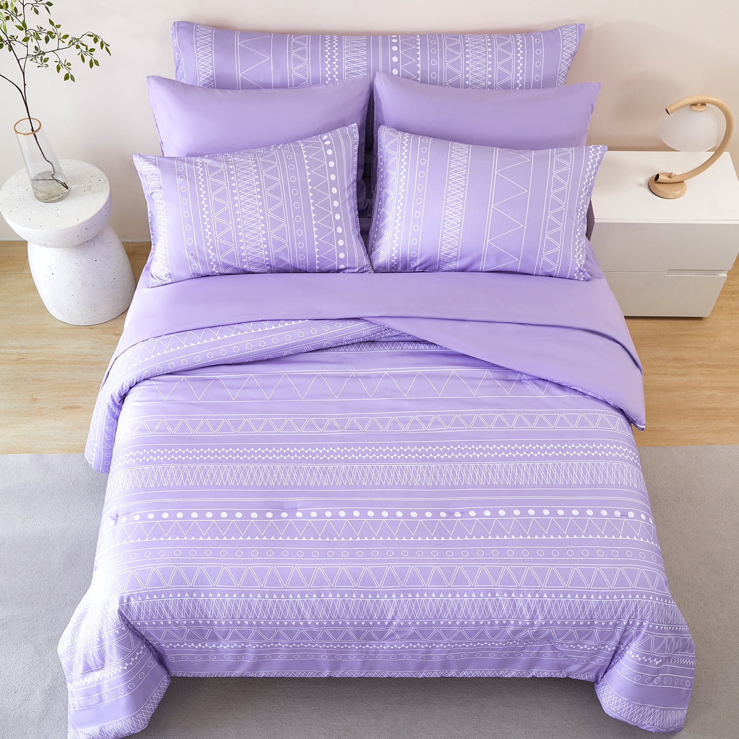 RYNGHIPY 8-Pieces Boho Bedding Set Full Lavender Striped Bed in a Bag for Girls Women Soft Fluffy Purple Comforter Set with Sheet for All Season, Full