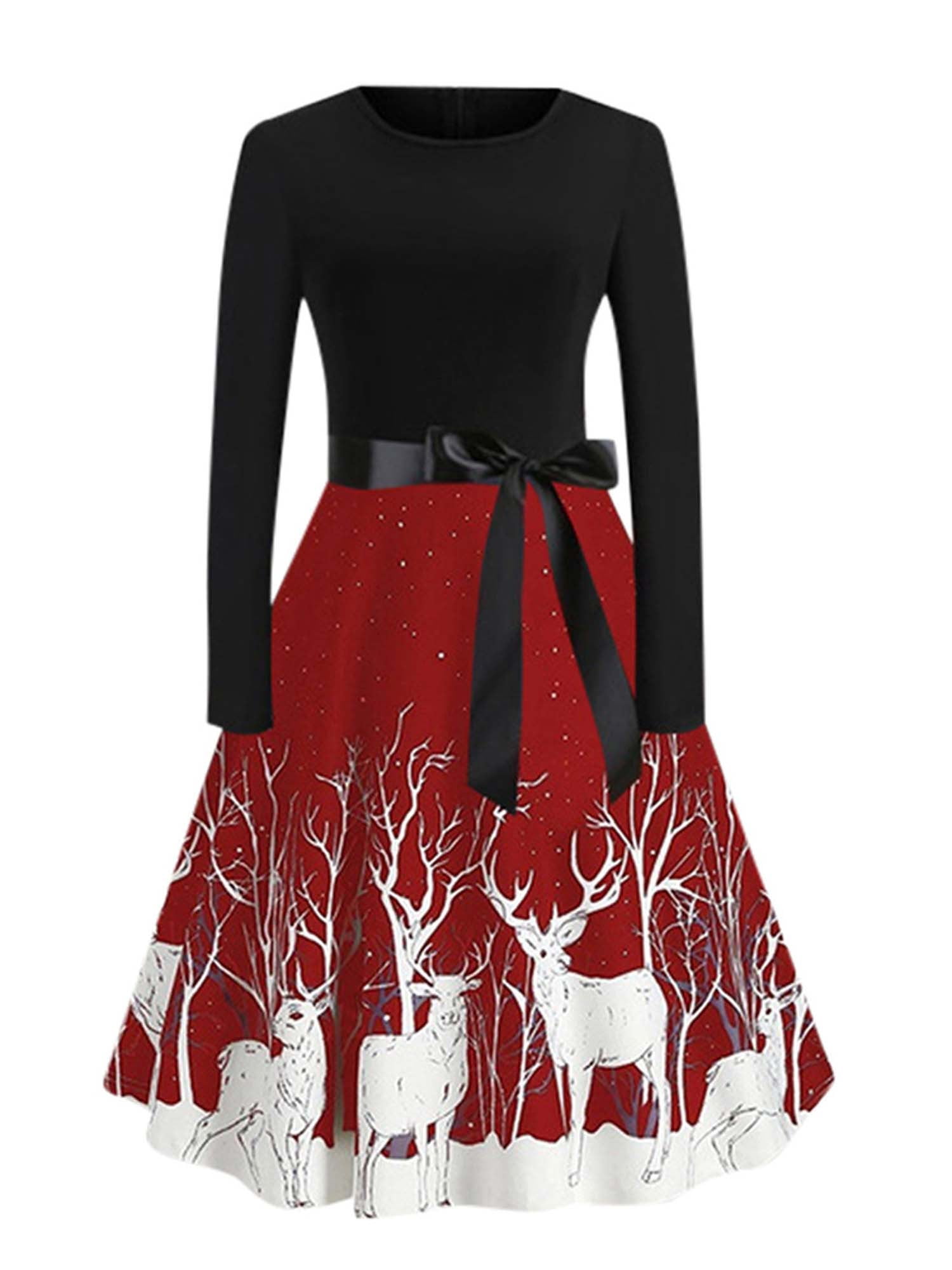 Christmas Womens Reindeer Skater Dress Xmas Evening Party Swing Midi ...