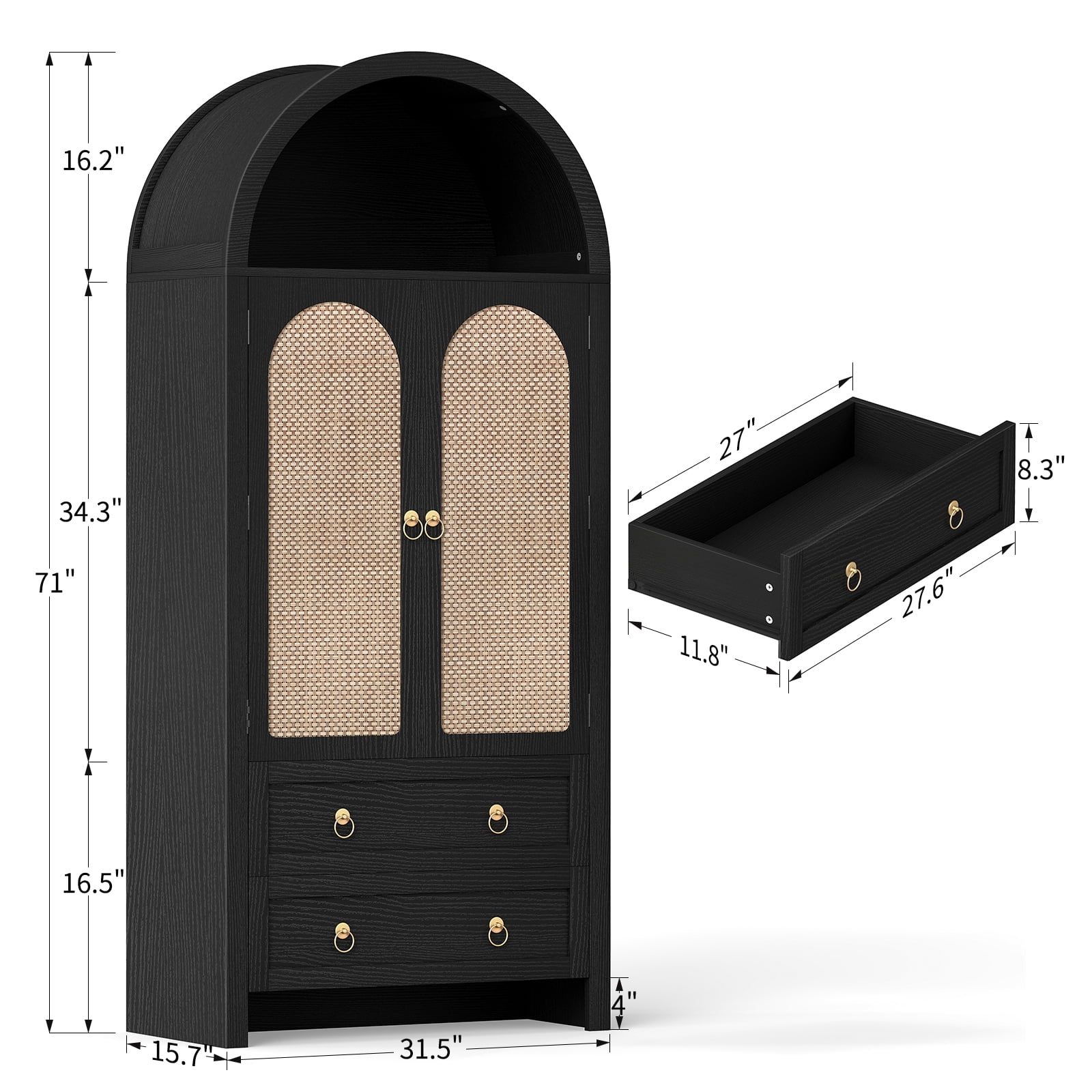 71" Tall Arched Kitchen Pantry Storage Cabinet with Rattan Doors,Wood Pantry Cabinet with 2 Drawers and 6 Shelves for Dining Room, Living Room,Black
