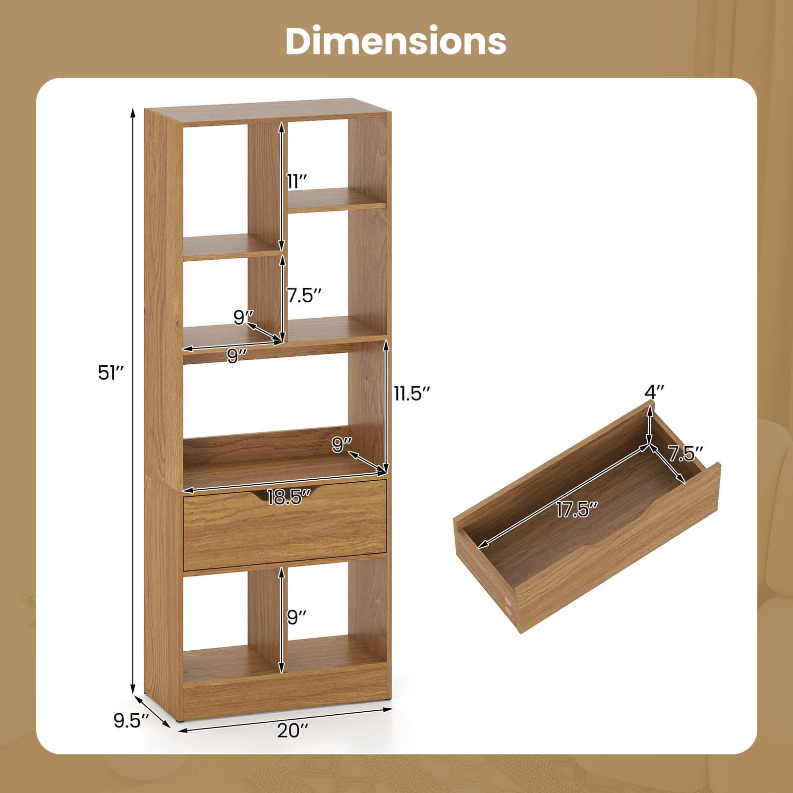 Costway 1 PCS 51” Tall Bookcase with Drawer 7 Open Cubes Anti-toppling Kits for Study Home Office Natrual