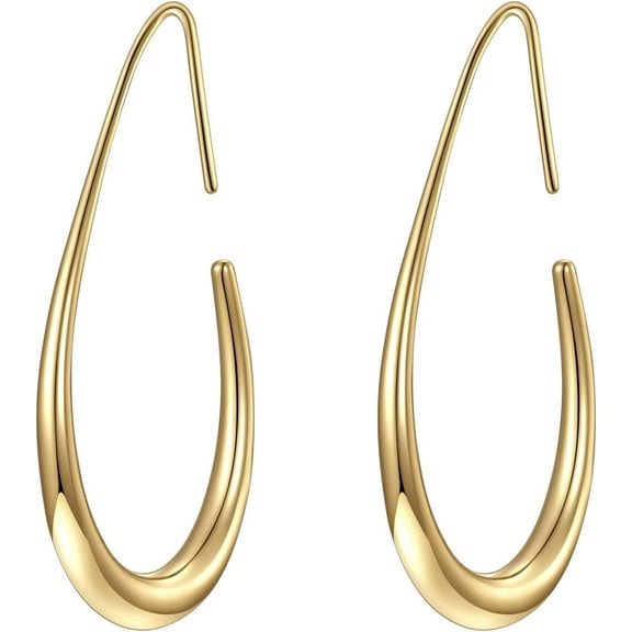 Teardrop Hoop Earrings for Women,14k Gold Plated Large Oval Pull Through Hoop Earrings High Polished Statement Jewelry Gift for Women