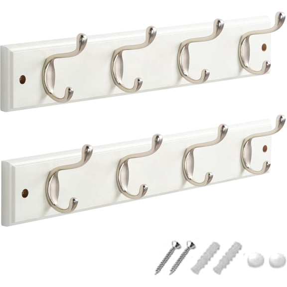 Coat Hooks Wall Mounted - MDF Board Nickel Hook Coat Rack(2 Pack) - Heavy Duty White -Coat Hooks for Wall Clothes Hooks and Wall Hooks
