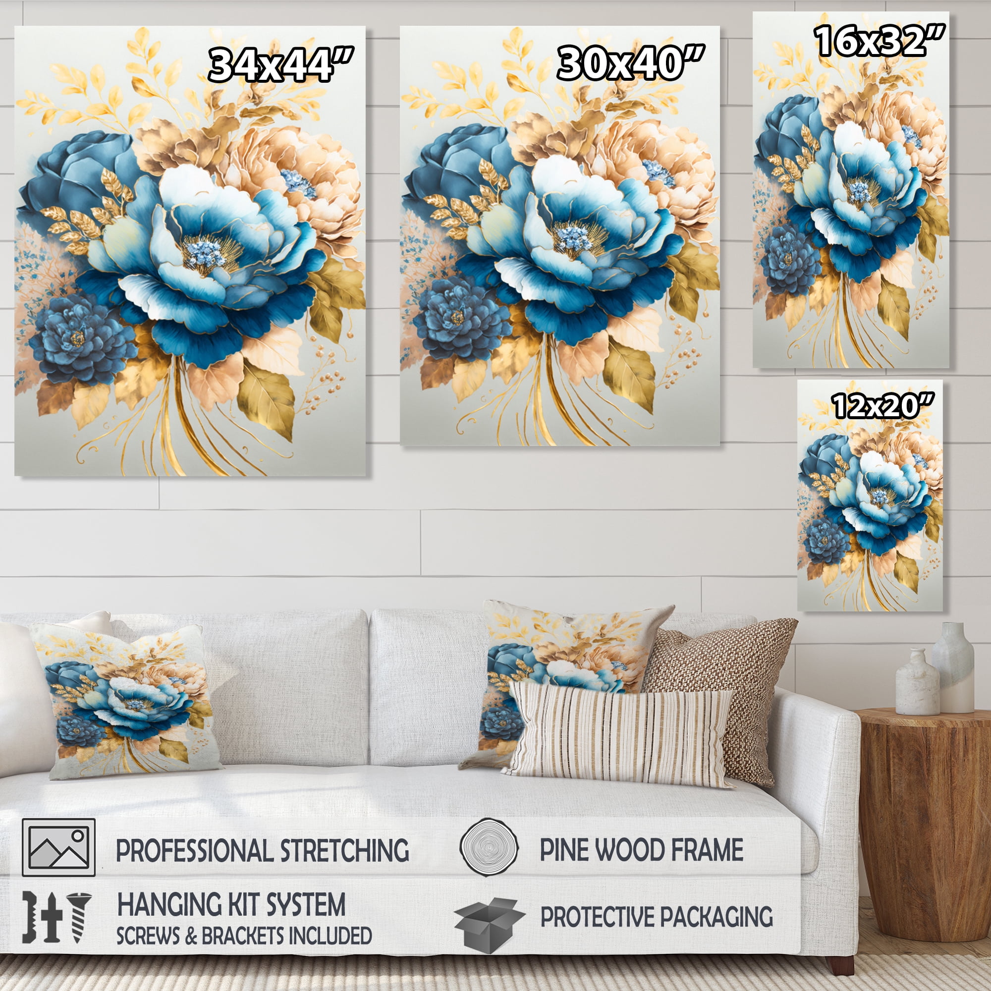 Designart Golden Blue Flower Arrangement II Canvas Wall Art