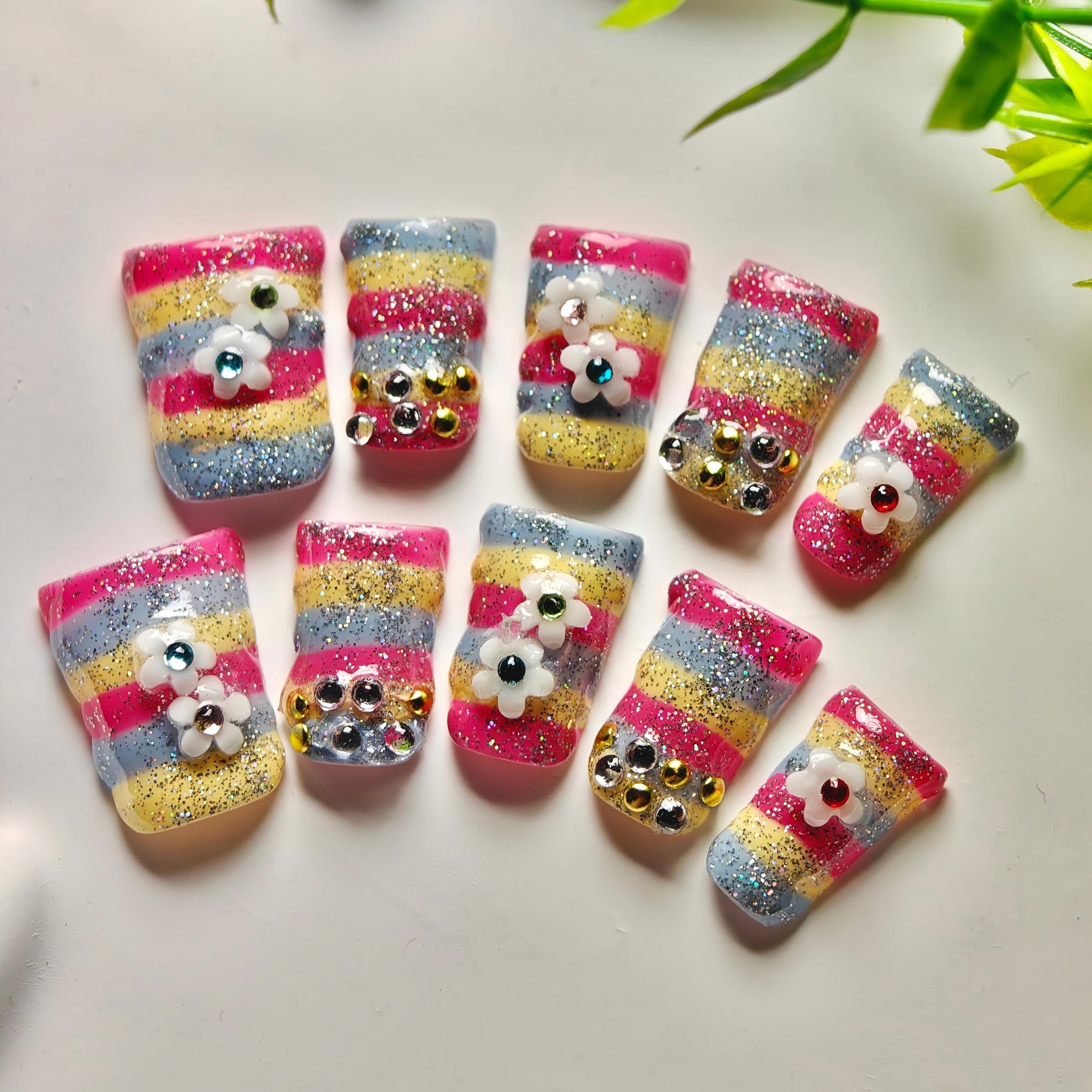 Handmade Press-on Nails with Glitter Stripes and Floral Rhinestones