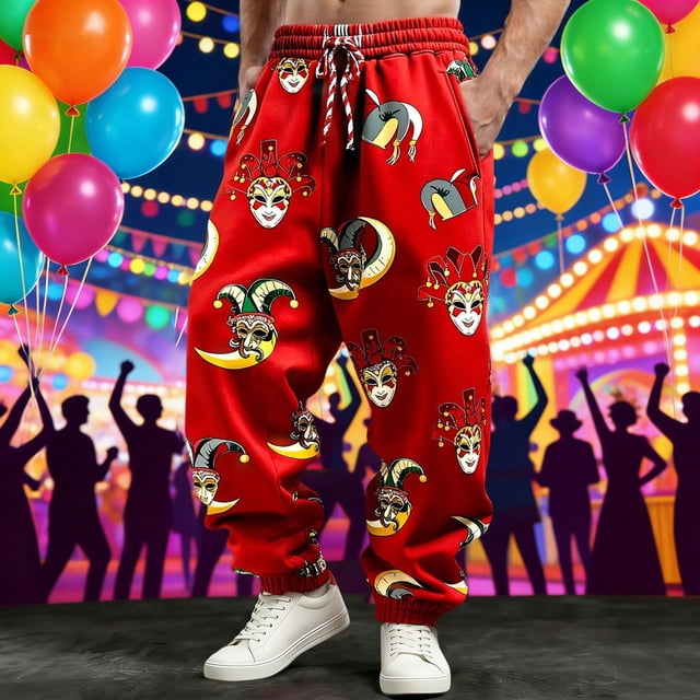 Ceisia Men's Red Carnival Mask Print Casual Pants Elastic Waist Drawstring Party Trousers Gifts