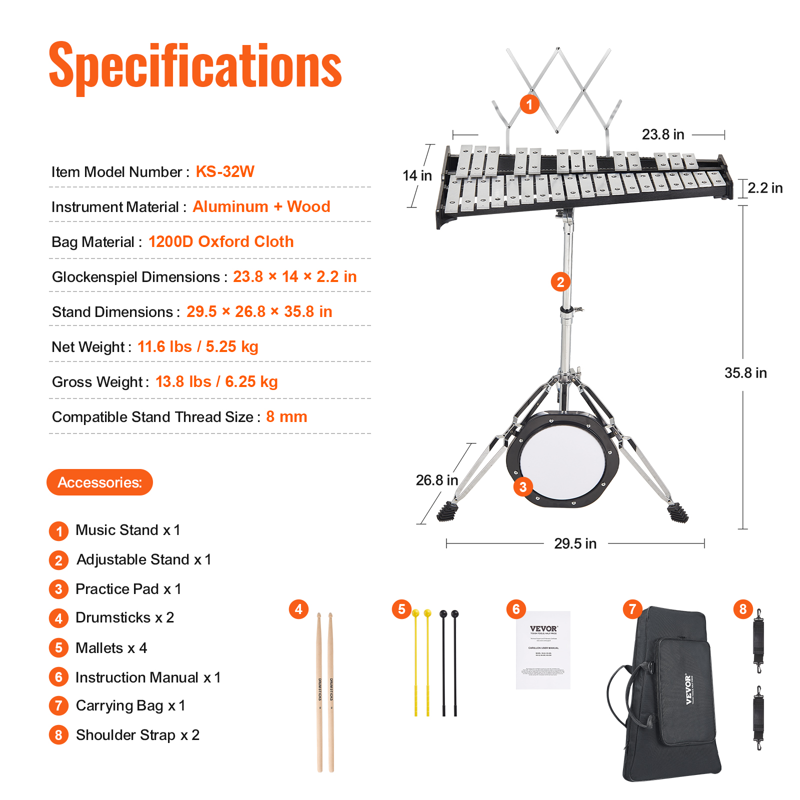 VEVOR 32 Note Glockenspiel Xylophone Bell Kit, Professional Percussion Instrument Set with Mallets, Drum Sticks, Music Stand, 8" Practice Pad, Adjustable Stand and Carrying Bag for Students