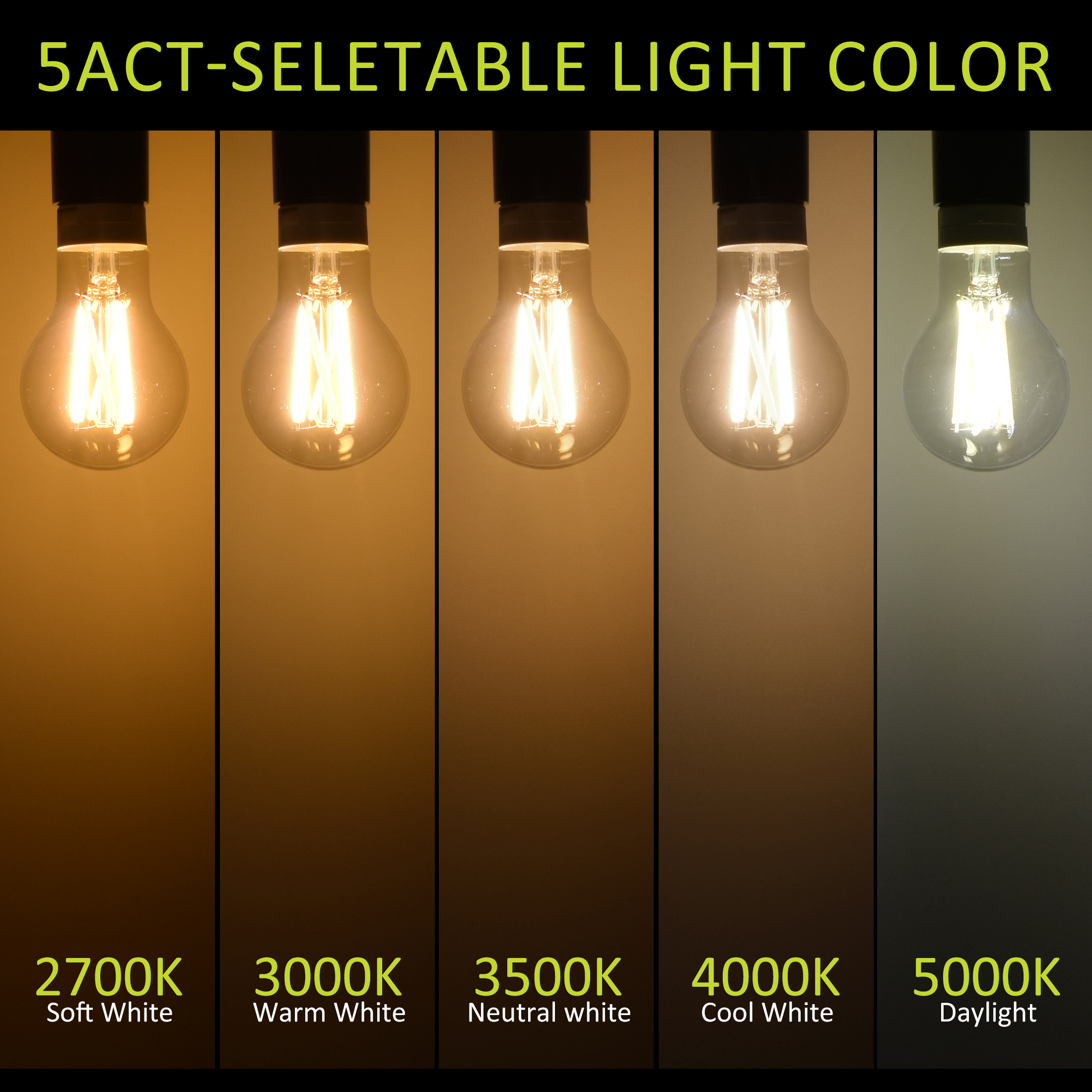 Green Watt 5-CCT White Filament A19 LED Bulbs, 7-Watt (60W Equivalent) E26 Medium Base, Dimmable (4-Pack)