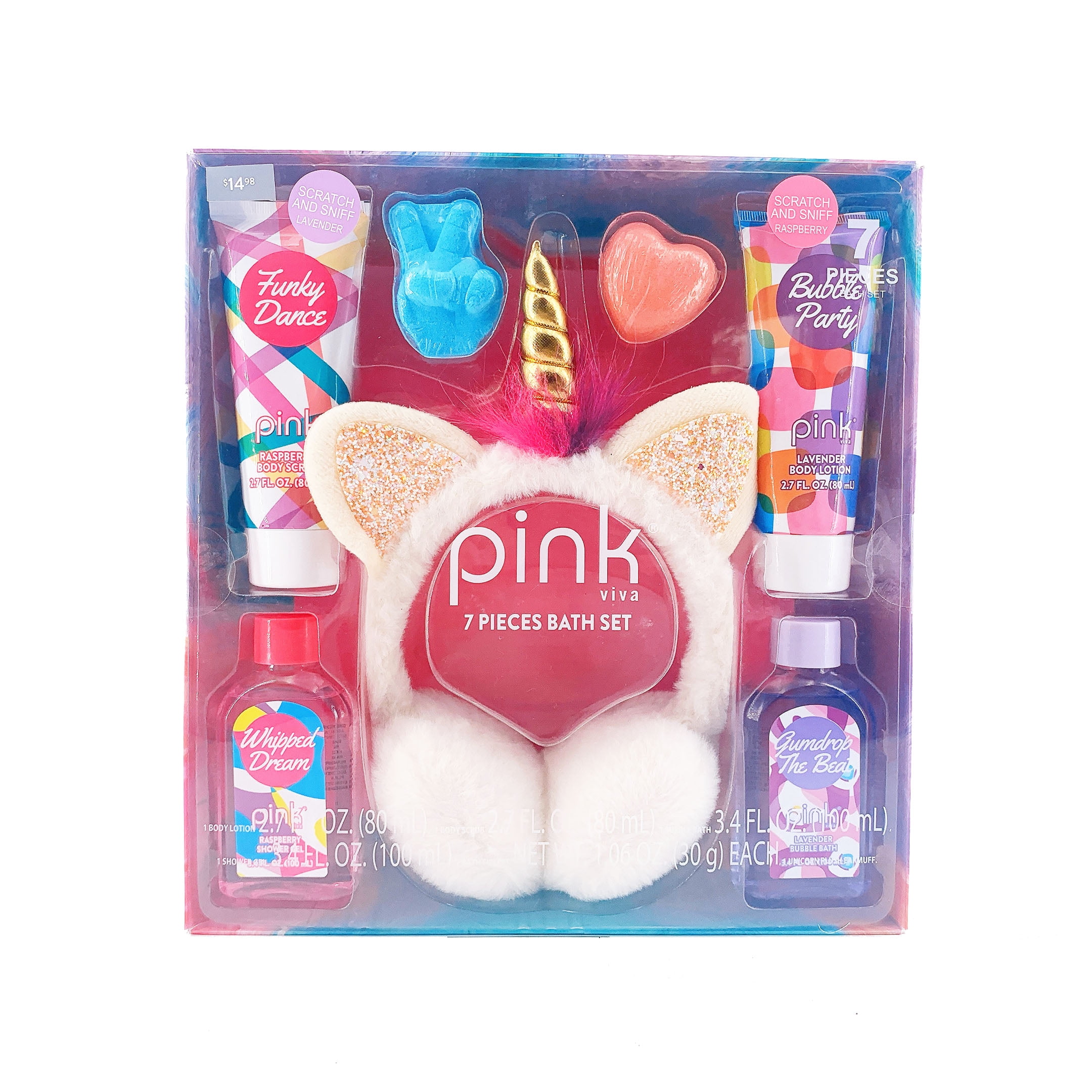 Pink Viva Bath Gift Set with Plush Unicorn Ear Muffs, Raspberry & Lavender, 7 Piece Set