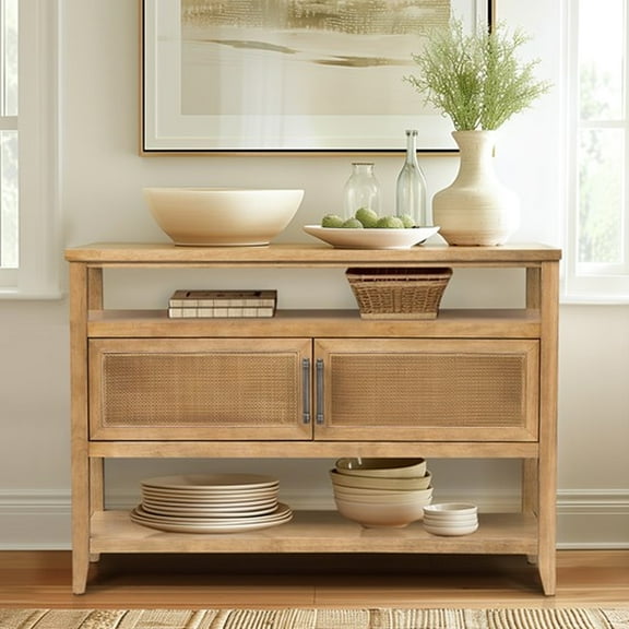 Warm Toasted Almond Console With 2 Door Concealed Storage Spaces Ample Table Natural Cane Doors -