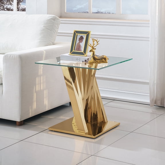 22.8" Modern Glass End Table, Luxury Side Table with Tempered Glass & Flash-Shaped Irregular Stainless Steel Base, Nightstand, Accent Table for Living Room, Office.