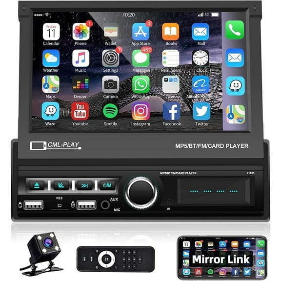 Podofo Single 1 Din 7" Touchscreen Automatic Motorized Flip Out Screen Car Stereo Radio in Dash Head Unit Bluetooth FM Audio Aux USB Cable Charging Mirror Link,with Backup Camera
