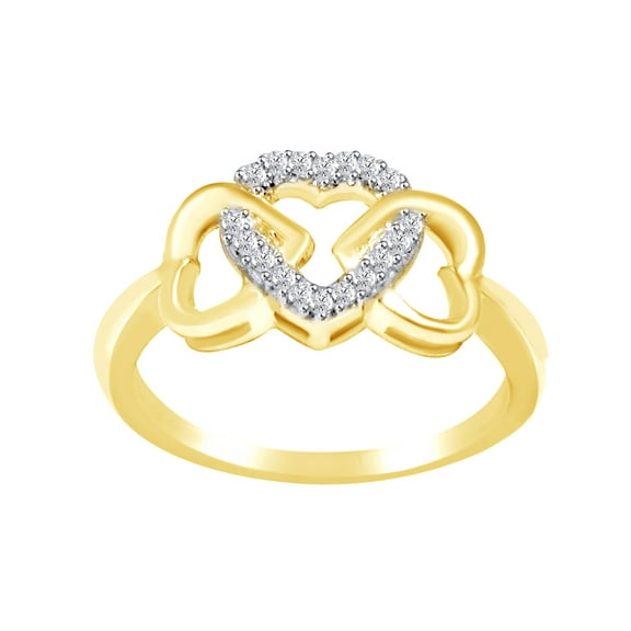 White Natural Diamond Triple Heart Promise Ring In 14k Yellow Gold Over Sterling Silver (0.1 Cttw)
