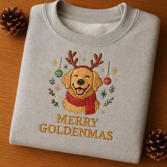 Embroidered Merry Goldenmas Sweatshirt, Christmas Golden Retriever Shirt, Dog Lover Gift, Funny Holiday Crewneck, Reindeer Dog