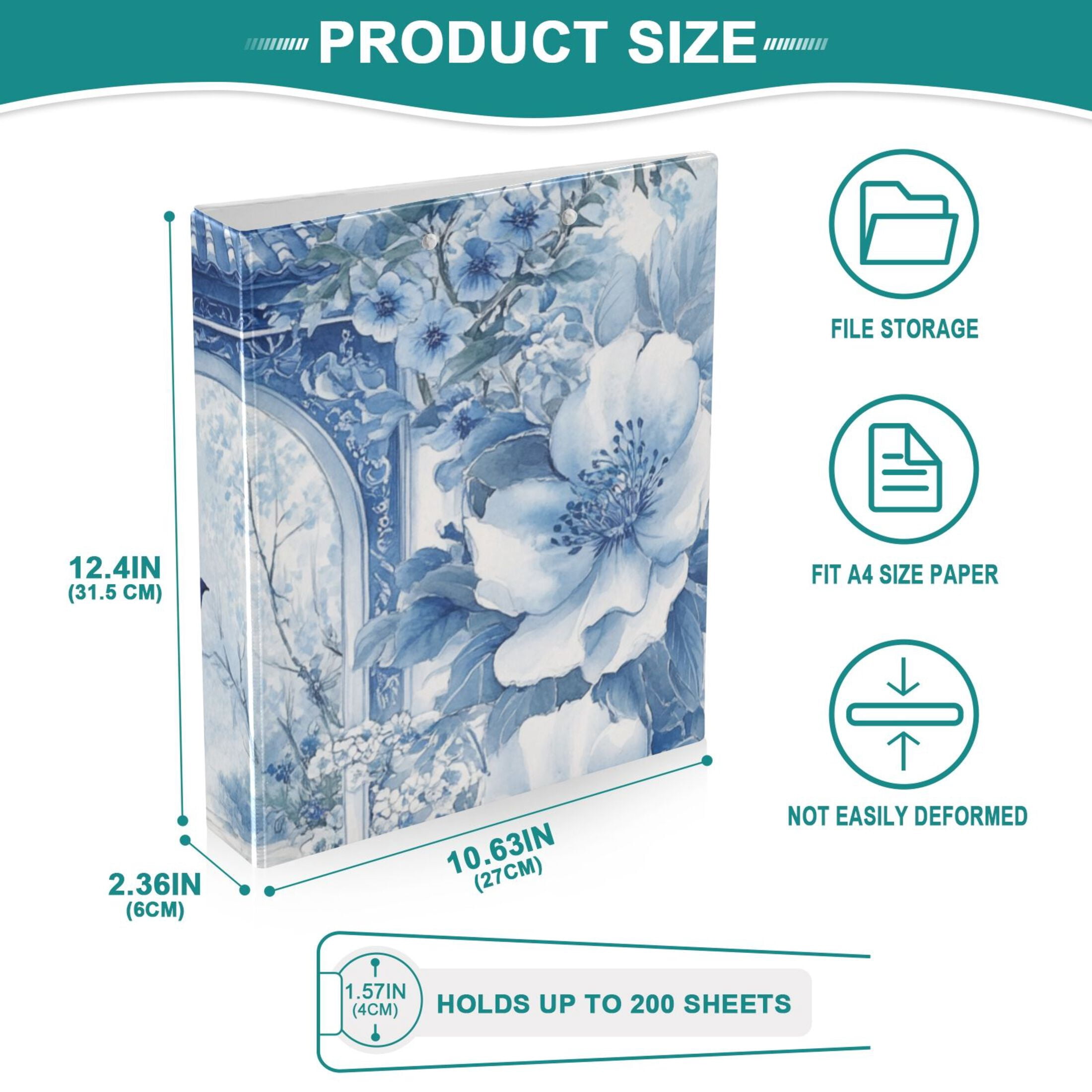 Blue Gates Flowers Floral 3 Ring Binders 1.5 inch Hardcover File Folders with Interior Pockets A4 Size Organizer for School Office Hospital