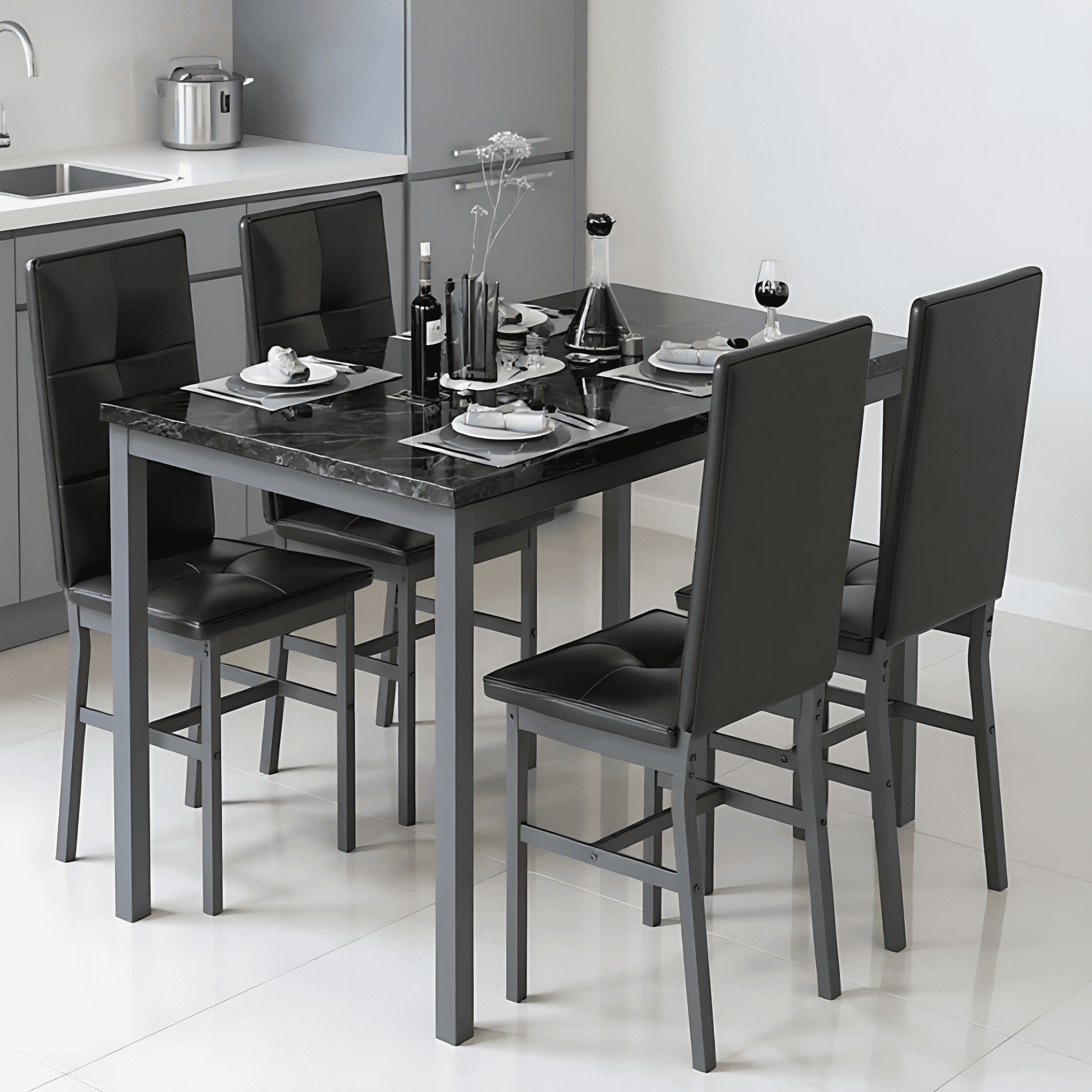 4-Person Dining Set: Modern Marble-Effect Dining Table with 4 PU Leather Upholstered Chairs. Kitchen dining furniture suitable for kitchens, dining rooms, and apartments.