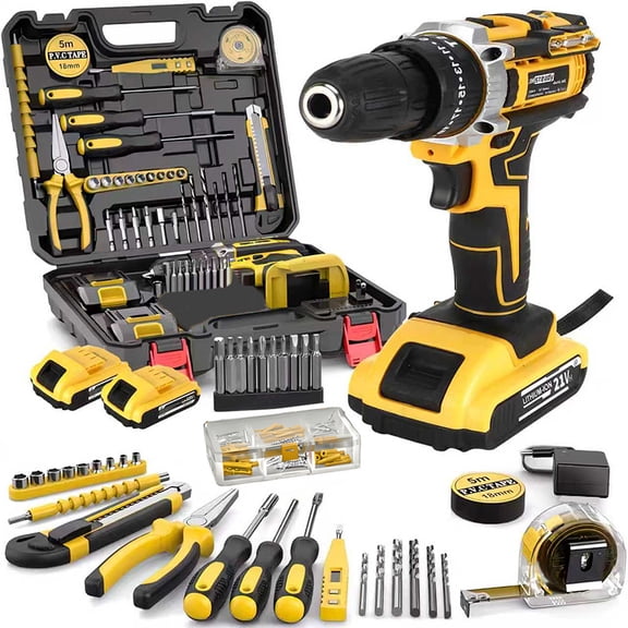 21V Cordless Impact Drill Set (Strengthen Battery And Fast Charging), Optional Drill Set And Storage Box, Equipped With Drill And Electric Screwdriver, With Work Light, Speed And Torque Adjustment -