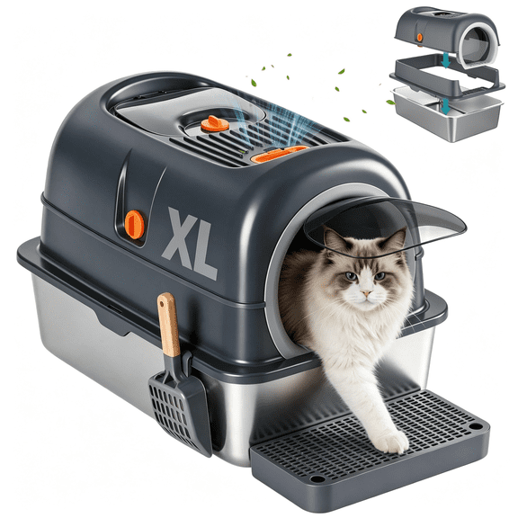 Roomisland Stainless Steel Litter Box with Lid, XL Covered Metal Cat Litter Box, High Sided Anti-Leak Design, No Odor, Easy Clean, Front & Top Entry with Scoop & Mat