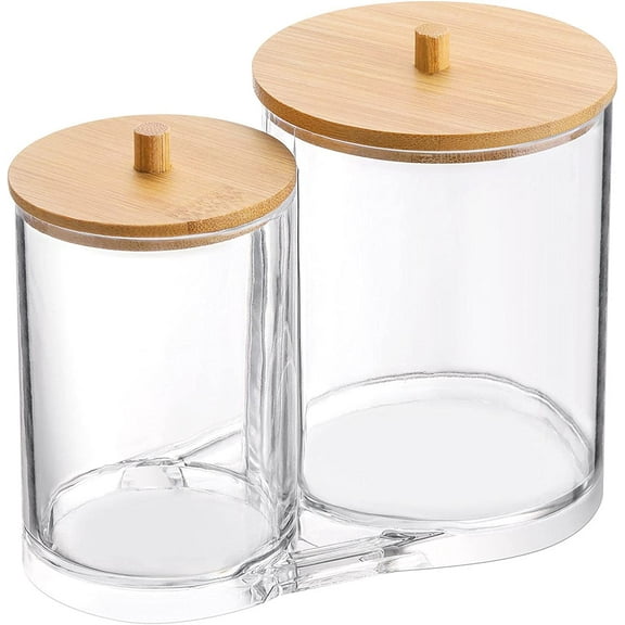 Cotton Swab Pads Holder, Cotton Ball Buds Dispenser, Qtip Bathroom Jar Clear Organizer for Storage with Wood Lid
