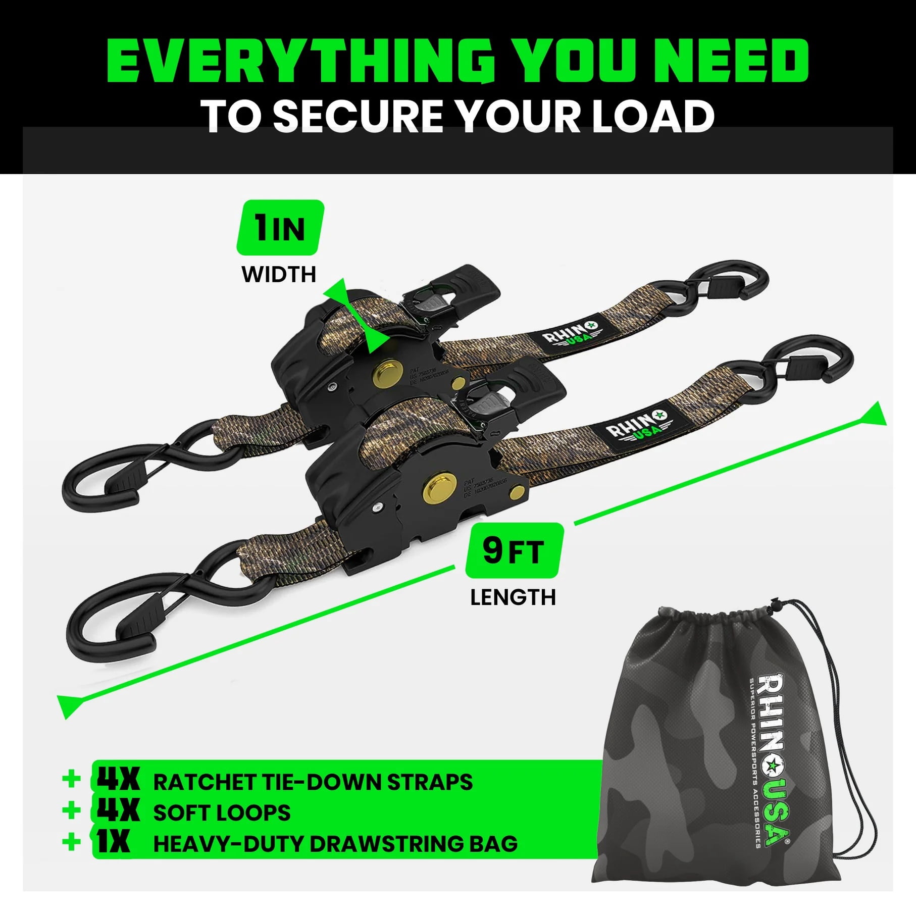 Rhino Camo Retractable Ratchet Straps