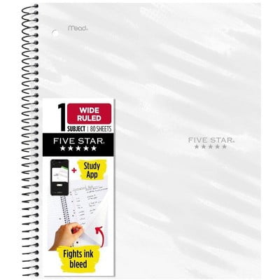 Five Star Active Subject Wide Ruled Notebook 80ct White